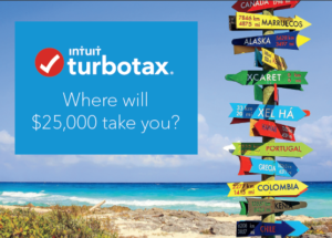 TurboTax, Intuit Turbotax, Where Will $25,000 Take You? Ocean Background, Pole Pointing to Different Countries