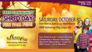 Free Community Shred Day and Fun Fall Fest, Fall Background, Maroon Border, Kids Smiling, Orange Footer, Autumn Leaves