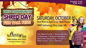Free Community Shred Day and Fun Fall Fest, Fall Background, Maroon Border, Kids Smiling, Orange Footer, Autumn Leaves