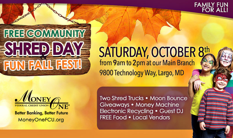 Free Community Shred Day and Fun Fall Fest, Fall Background, Maroon Border, Kids Smiling, Orange Footer, Autumn Leaves