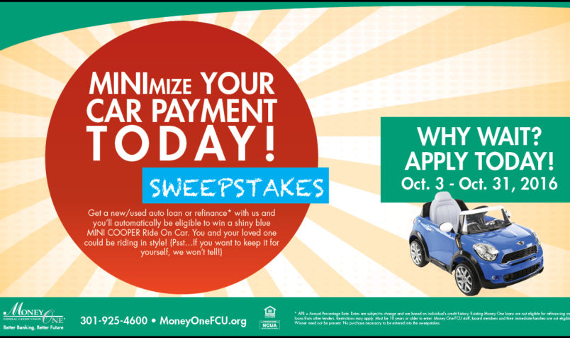 Minimize Your Payment Today, Blue Car, Yellow Sunburst Background, Green Header and Footer