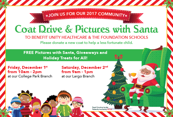 coat drive and pictures with santa event information.