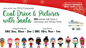 Coat Drive and Pictures With Santa, Red Border, White Background, Kids with Coats, Waving