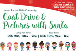 Coat Drive and Pictures With Santa, Red Border, White Background, Kids with Coats, Waving