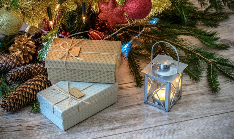 Christmas Tree, Lantern, Gifts, Pine Cone, Wooden Background