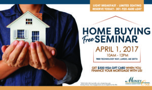 White Background, Man Holding House, Free Home Buying Seminar, April 1 2017. 10am to 12pm at the Comfort Inn, 4500 Crain Highway, Bowie, MD 20716, Get A $500 VISA Gift Card When You Finance Your Mortgage With Us, Limited Seating, Breakfast, Reserve Today, 301-925-4600 x247,