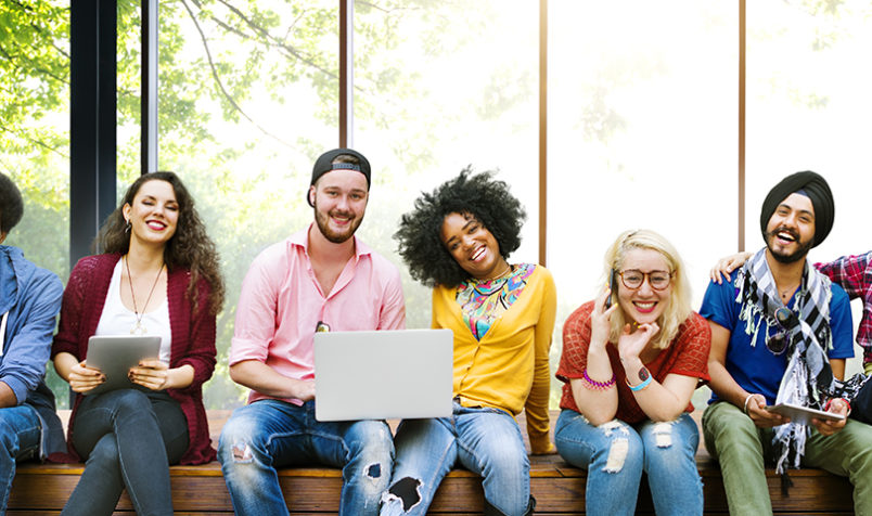 Millennials, Happy, Nature Background, Computer, Smiling, Sitting on Bench, Laughing