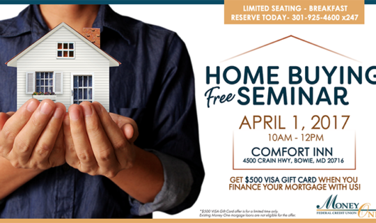 White Background, Man Holding House, Free Home Buying Seminar, April 1 2017. 10am to 12pm at the Comfort Inn, 4500 Crain Highway, Bowie, MD 20716, Get A $500 VISA Gift Card When You Finance Your Mortgage With Us, Limited Seating, Breakfast, Reserve Today, 301-925-4600 x247,