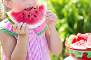 Small Girl, Eating Watermelon, Bowl of Watermelon, Nature Background