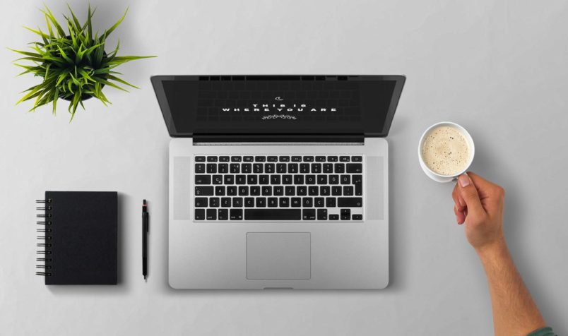 MAC Computer, Desk Setting, Hand Holding Coffee, Plant, Notebook, Pen