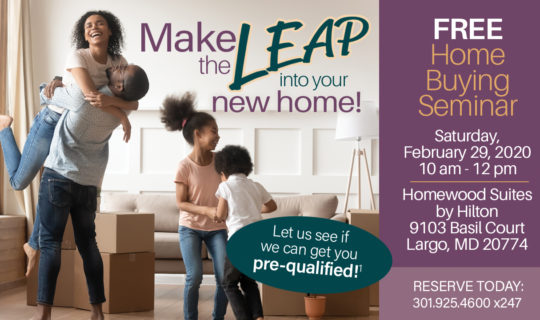 Free home buying seminar invitation with family jumping