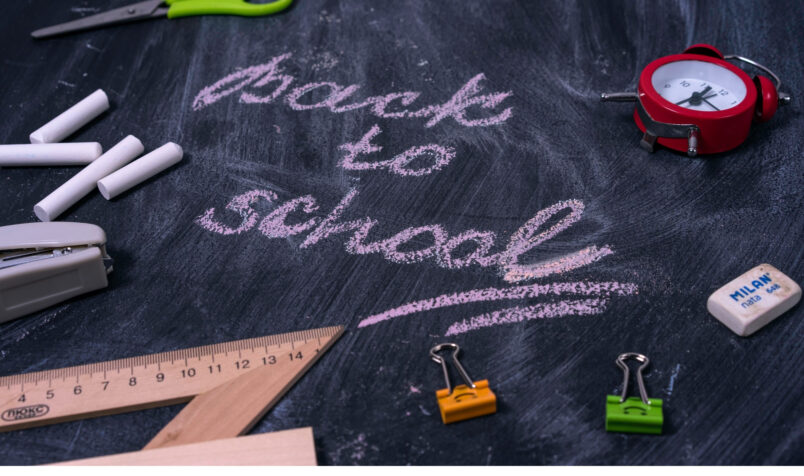Back to school, chalkboard, school supplies