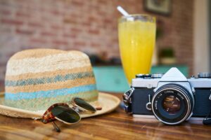 Summer Items, hat camera drink sunglasses