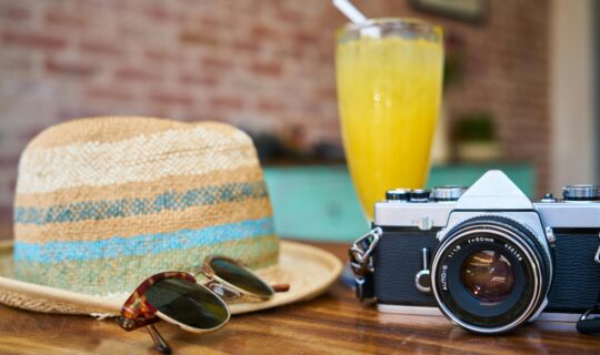 Summer Items, hat camera drink sunglasses