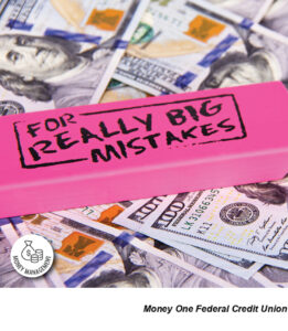 pink marker, words, for really big mistakes, money, hundred-dollar bills, on top