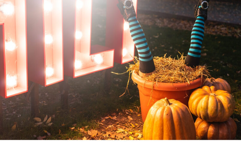 Halloween Decorations, legs in flower pot, bright lights, pumpkins