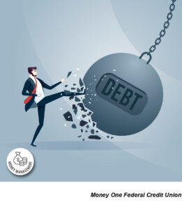 Cartoon, Man, Man Kicking Wrecking Ball, Wrecking Ball, Labeled Debt, Ball Eroding
