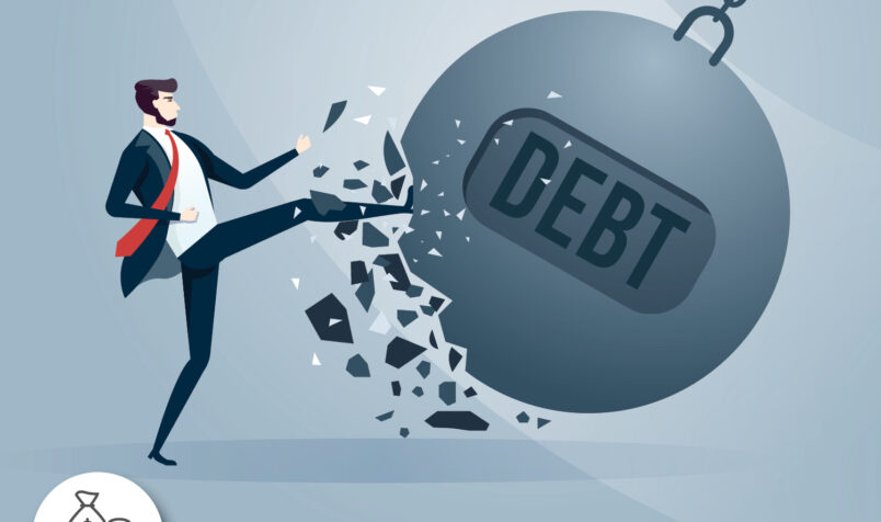 Cartoon, Man, Man Kicking Wrecking Ball, Wrecking Ball, Labeled Debt, Ball Eroding