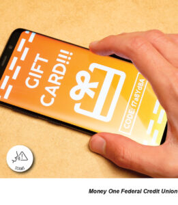 Hand Holding Phone, Orange Background, Text that says Gift Card and a code, picture of a present