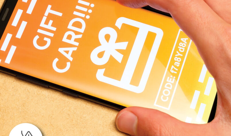 Hand Holding Phone, Orange Background, Text that says Gift Card and a code, picture of a present